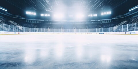 Poster - An empty hockey rink with lights shining on the ice. Perfect for sports enthusiasts or hockey-themed projects