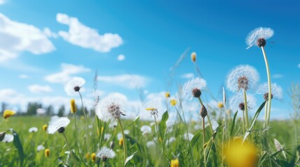 Poster - A vibrant field of dandelions with a clear blue sky in the background. Perfect for springtime or nature-themed projects