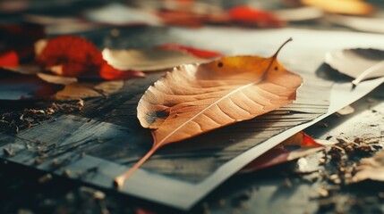 Poster - A close-up view of a leaf placed on a table. This image can be used for various purposes