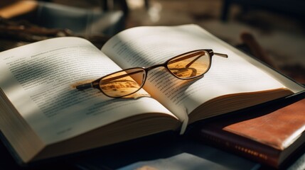 Poster - An open book with a pair of glasses on top. Can be used for educational or reading-related concepts