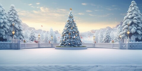 Poster - A picture of a Christmas tree standing in the middle of a snowy park. Perfect for holiday-themed designs and winter advertisements