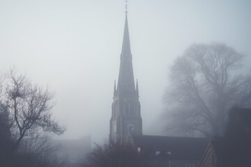 Poster - A church steeple shrouded in fog on a foggy day. Perfect for adding a mysterious and ethereal touch to any project