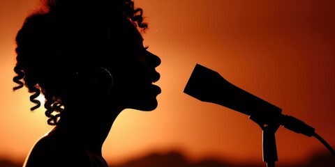Aufkleber - A silhouette of a woman singing into a microphone. Perfect for music-related projects and promotions