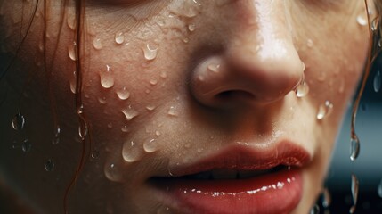 Wall Mural - Close up of a woman's face with water droplets. Can be used for skincare or beauty concepts