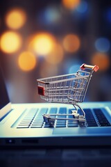 Poster - A shopping cart is seen placed on top of a laptop. This image can be used to represent online shopping or e-commerce concepts