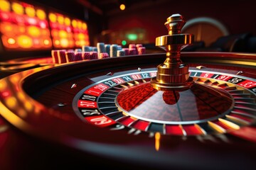 Poster - A detailed view of a casino roulette wheel. This image can be used to illustrate gambling, risk, or entertainment concepts
