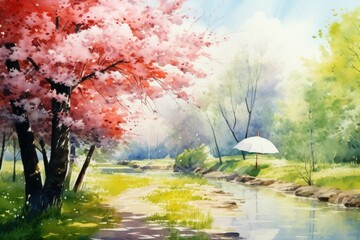 Poster - A beautiful watercolor painting of a person holding an umbrella. This picture can be used in various projects and designs