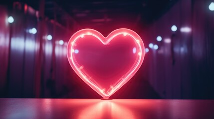 Poster - A heart shaped neon sign glowing brightly in a dimly lit room. Perfect for adding a romantic touch to any space