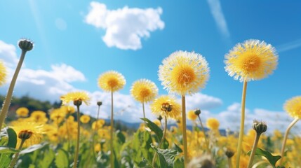 Poster - A beautiful field of yellow flowers with a stunning blue sky in the background. Perfect for nature enthusiasts or those looking to add a pop of color to their designs