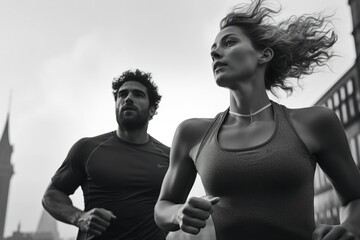 Poster - A man and a woman are seen running through the city streets. This image can be used to depict fitness, urban lifestyle, or a couple enjoying a jog together