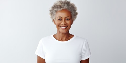 Poster - A woman with grey hair wearing a white t-shirt. Suitable for various uses