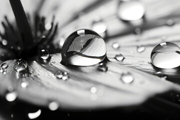 Poster - A black and white photo capturing the beauty of water droplets on a flower. Perfect for nature enthusiasts and those looking to add a touch of elegance to their projects