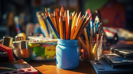 Canvas Print - A jar filled with lots of colored pencils. Perfect for creative projects and artistic inspiration