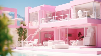 Canvas Print - A pink house with a pool in front. Ideal for real estate or vacation concepts