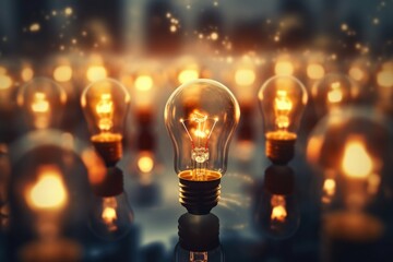 Poster - A group of light bulbs sitting on top of a table. Can be used to represent creativity, innovation, and bright ideas