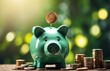 Green finance, Piggy bank with falling coins. Savings and investment