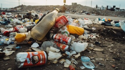 Poster - A pile of trash on the ground next to a street. Suitable for illustrating environmental pollution.