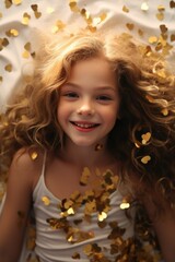 Poster - A peaceful image of a young girl lying on a bed covered in shimmering gold confetti. Perfect for celebrations, parties, or festive occasions