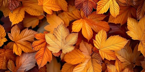Wall Mural - Vibrant autumnal display orange and yellow leaves creating seasonal tapestry. Fall beauty captured in intricate patterns of maple foliage against bright backdrop. Nature final flourish before winter