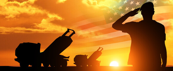 Wall Mural - Artillery rocket system and soldiers at sunset with USA flag. Multiple launch rocket system. Veterans Day, Memorial Day, Independence Day. America celebration. 3d illustration