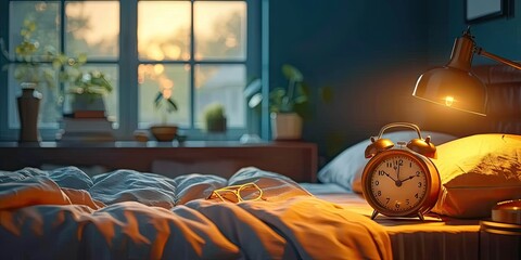 Wall Mural - Vintage alarm clock heralds morning time ticking in antique bedroom. Early wake up call classic timer on table blending work and sleep. Retro style and lazy mornings reminder of day tasks in cozy room