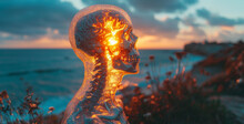 Human Skeleton With Glowing Eye On The Beach At Sunset. 3d Rendering, Fantasy Image Of A Human Skull On The Beach At Sunset.