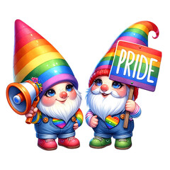 couple gnome with a rainbow megaphone and pride  sign watercolor clipart. Ai Generate