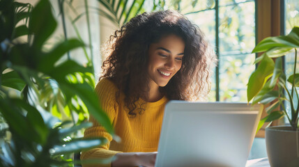 Smiling Woman Using Laptop in Plant-Filled Room