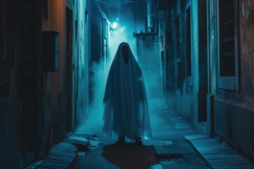 A mysterious figure in a ghost costume standing in a dimly lit alleyway illustration of a ghost