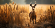 Young Whitetail Deer Doe In A Wheat Field At Sunset, Young Whitetail Deer Standing In The Field Of Wheat At Sunset