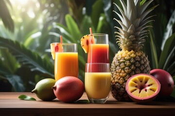 Wall Mural - Tropical fruit juices in glasses on wooden table, closeup