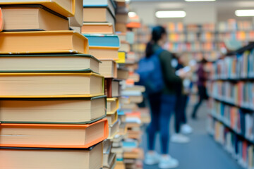 Library with stacked books in the foreground. World book day, international education day.