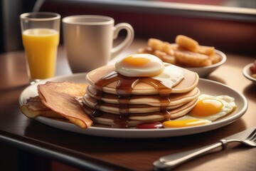 Wall Mural - Delicious breakfast with pancakes, eggs and orange juice on blue table