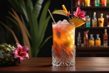 Wall Mural - Tropical cocktail with exotic fruits on bar counter