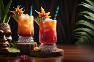 Wall Mural - Tropical cocktail with exotic fruits on bar counter