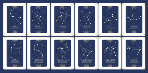 Wall Mural - Set of Modern magic witchcraft cards with astrology zodiac constellations in the sky.  Zodiac icons. Vector illustration
