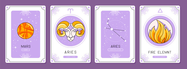 Wall Mural - Set of cartoon magic witchcraft cards with astrology Aries zodiac sign characteristic. Vector illustration