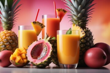 Wall Mural - Fresh fruit juice in glass with pineapple and mango on wooden table 