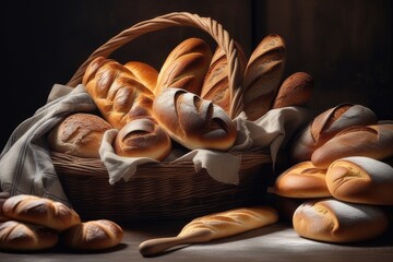 Poster - Basket with fresh bread on wooden background,