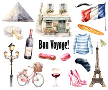 Watercolor France Symbols. Icon Set With Paris Symbols. Bon Voyage Card. Travel To France.