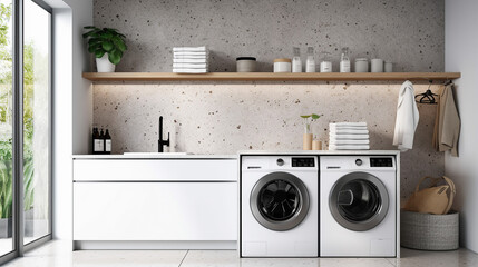 Wall Mural - White square tile wall in modern laundry room. 