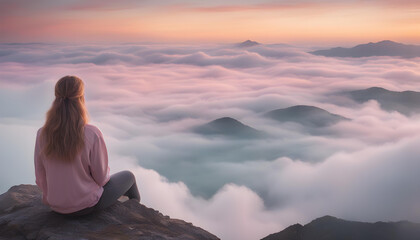 Wall Mural - woman relaxing on the top of the mountain