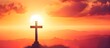 Religious cross on sunset, banner.Easter concept