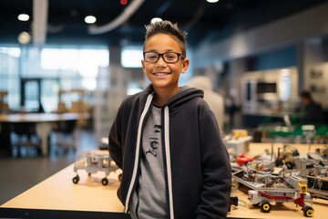 Educations, lifestyle, technology, science and hobbies concept. Happy young school boy in technology class constructing devices or robots on table