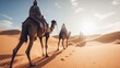 People riding camels in the desert for travel