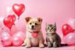 Cute dog and cat with valentine heart shape balloon on pink background