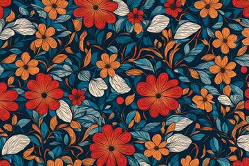 Wall Mural - Elegance meets energy as interlocking flowers dance in a seamless pattern, capturing the spirit of retro aesthetics with vibrant primary color allure.