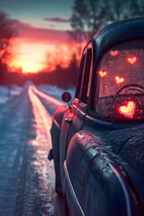 Wall Mural - Red decorated vintage car in motion carrying Valentine's hearts in a winter countryside with snow cover in sunset backlight.