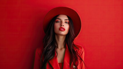 Sticker - Young woman in red with a wide-brimmed hat. The concept of style and high fashion.