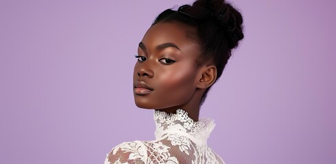 Wall Mural - Black model in white lace attire on purple background.